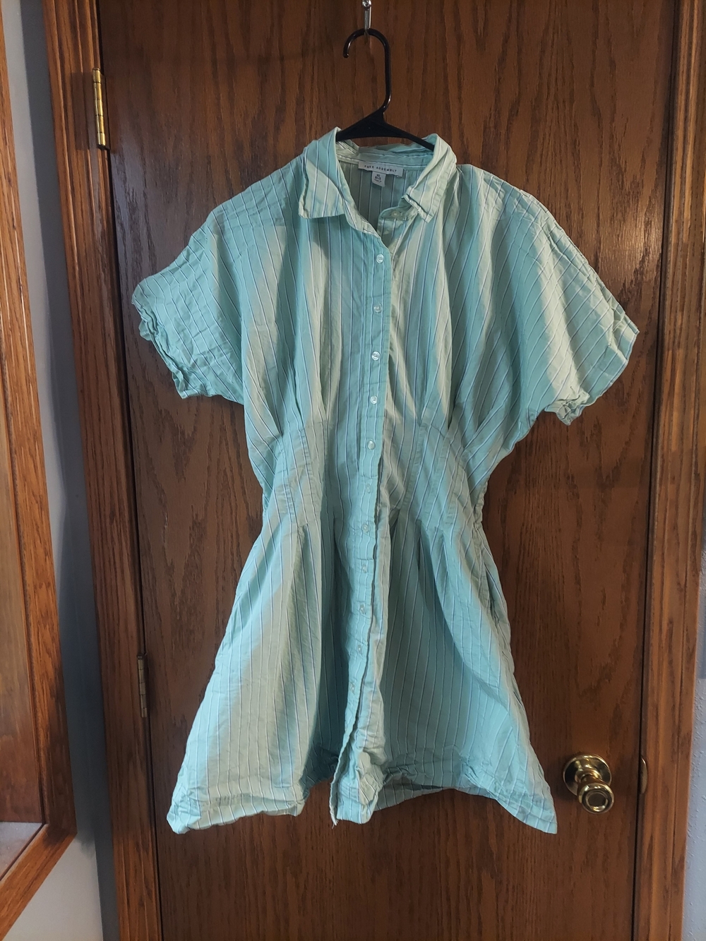 Free Assembly Mint Green Striped Shirt Dress XS 0-2 Pockets Short Sleeve Elastic